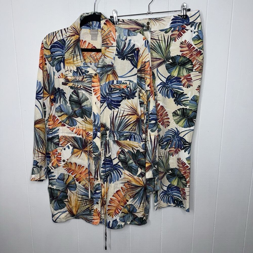 Chico's Tropical Leaf Print Pantsuit in Cream, Blue, Green, Orange